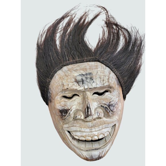 Bali Wood Mask Handmade Carving With Crazy Hair & Big Grin Wall Hanging - Picture 1 of 16